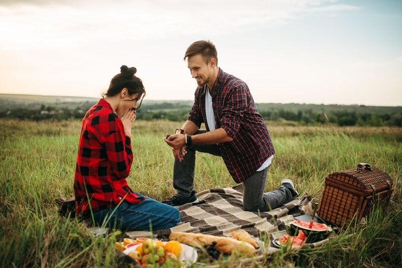 muž žiada o ruku svoju partnerku na pikniku v prírode